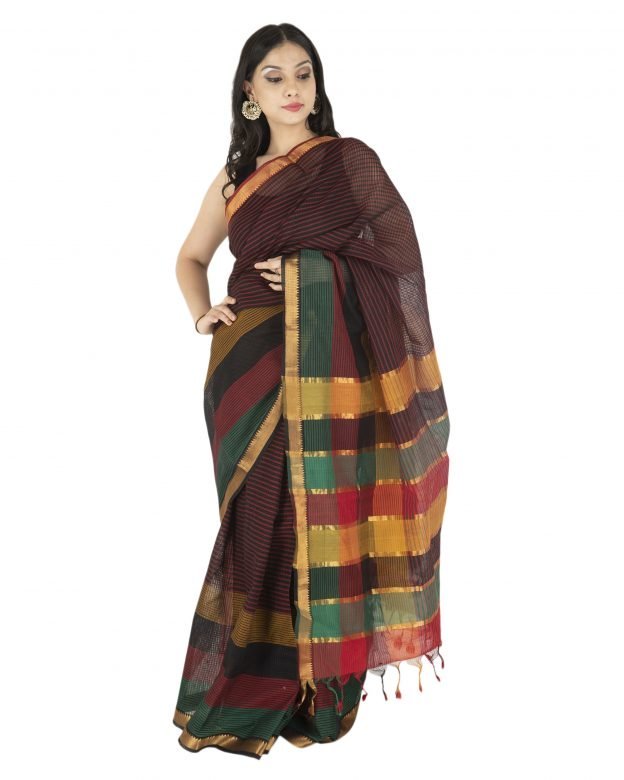Mangalgiri Plain Black & Maroon Cotton Saree