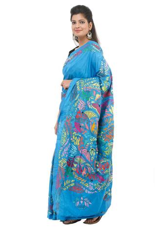 Handcrafted Traditional Kantha Embroidery Blue Silk Saree