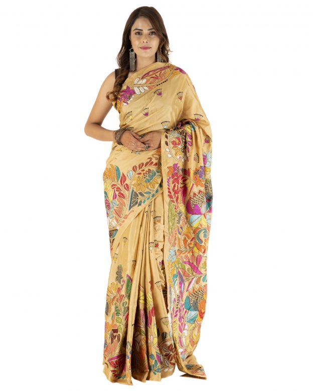 Handmade Traditional Kantha Embroidery Multicolor Silk Saree