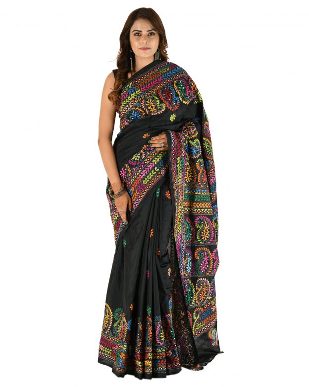 Handmade Traditional Kantha Embroidery Multicolor Silk Saree