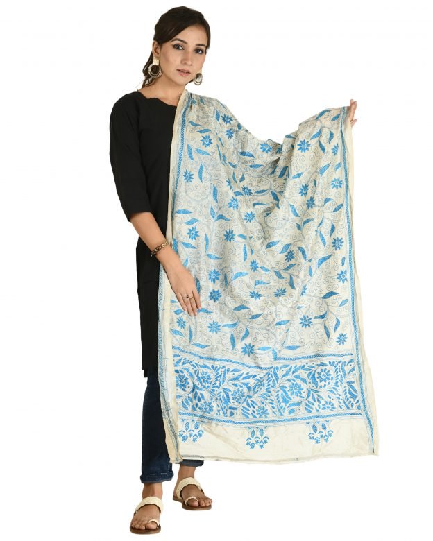 Kantha Silk Peach & Pale Grey & Sky Blue 36 Inch Dupatta
