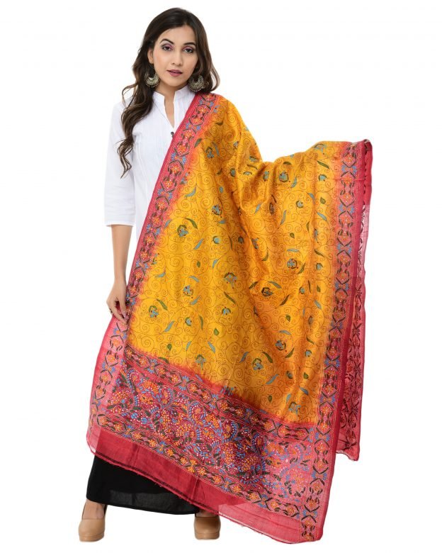 Kanta Embroidery Light Brown & Maroon Silk Dupatta
