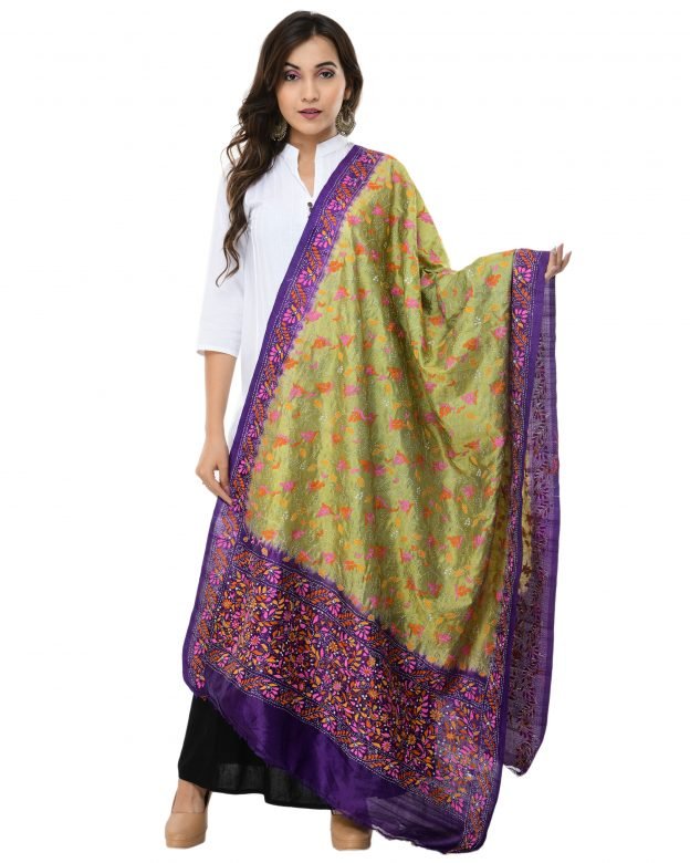 Kanta Embroidery Green & Purple Silk Dupatta