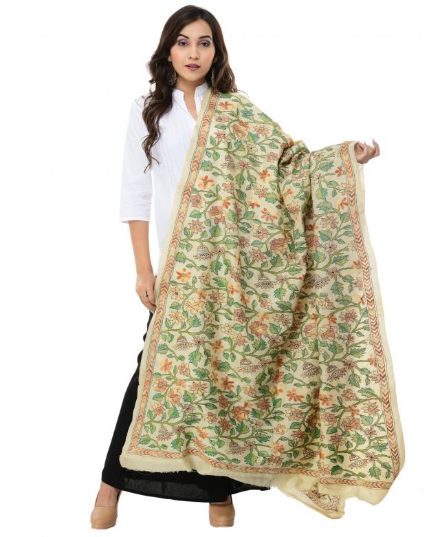 Kanta Embroidery Green & Orange Tassar Dupatta