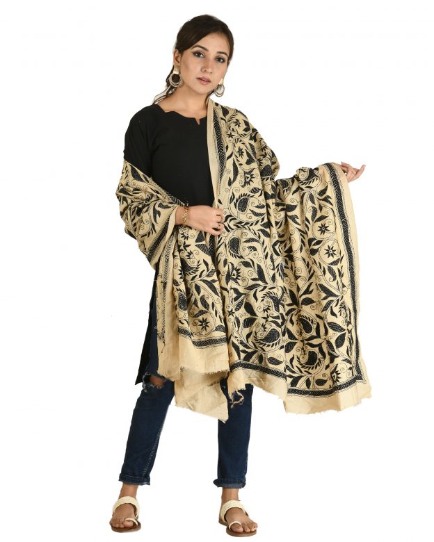 Kantha Silk Champagne & Black 46 Inch Dupatta