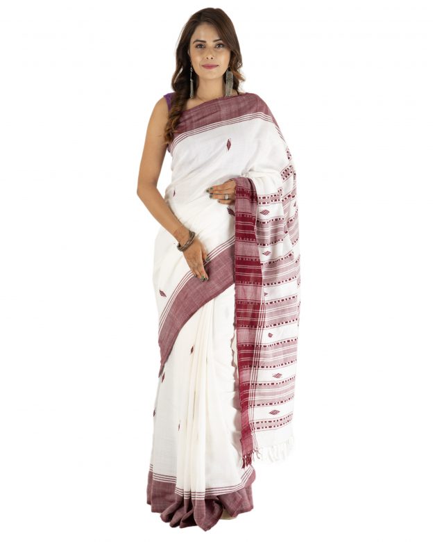 Handmade Traditional Oraon Cotton White and Maroon Saree