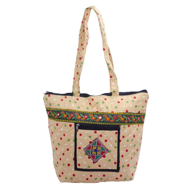 Handmade Cotton Cream Medium Sized Bandhani Handbag