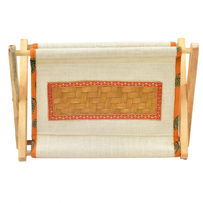 Hand Crafted Creame & Red Color Wood, Bamboo Leave, Cotton & Jute Tray Storej Qube