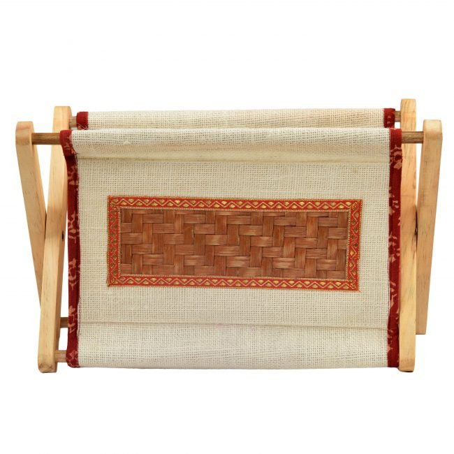 Hand Crafted Creame & Maroon Color Wood, Bamboo Leave, Cotton & Jute Tray Storej Qube