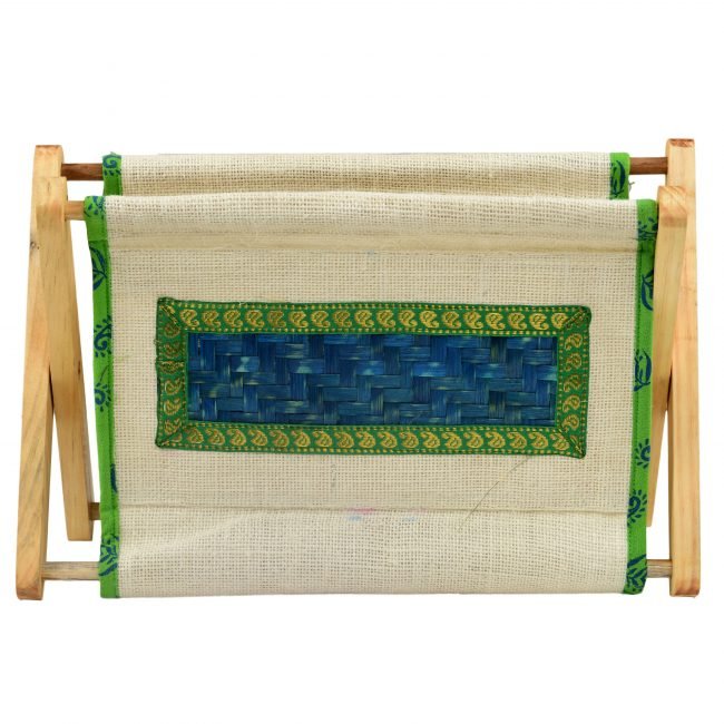 Hand Crafted Creame & Green Color Wood, Bamboo Leave, Cotton & Jute Tray Storage Qube