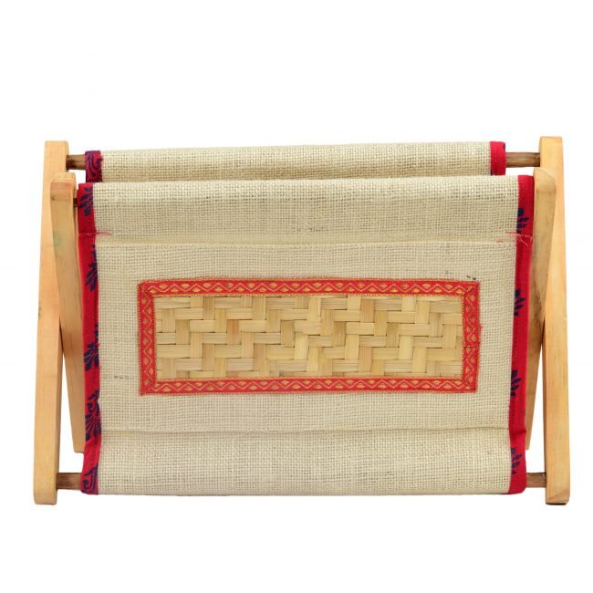 Hand Crafted Creame & Purple Color Wood, Bamboo Leave, Cotton & Jute Tray Storej Qube