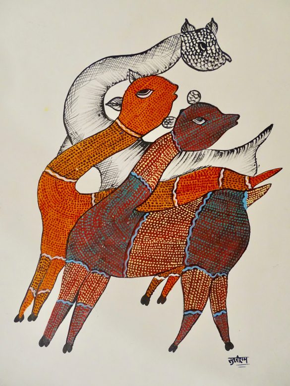 Gond Light Maroon, Green & Black Paper Painting