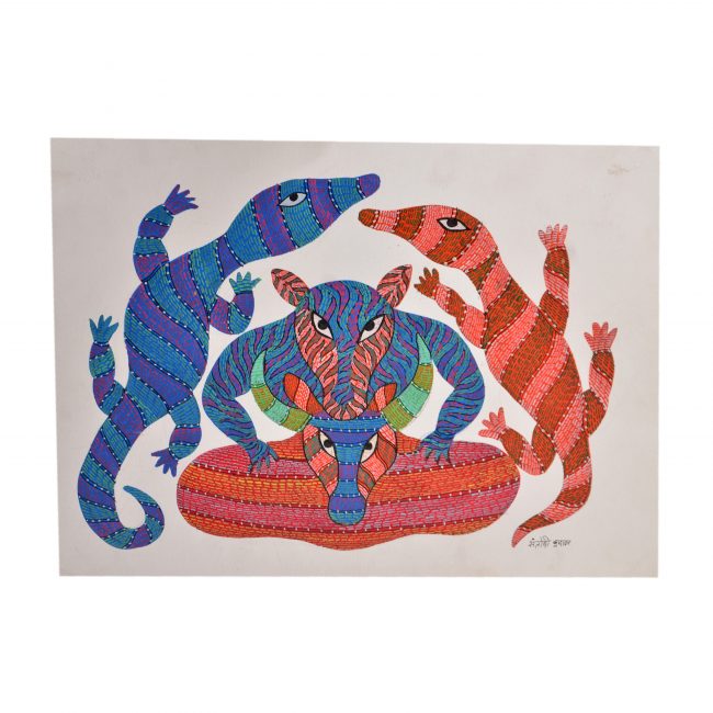 Gond Blue, Red & Green Paper Painting