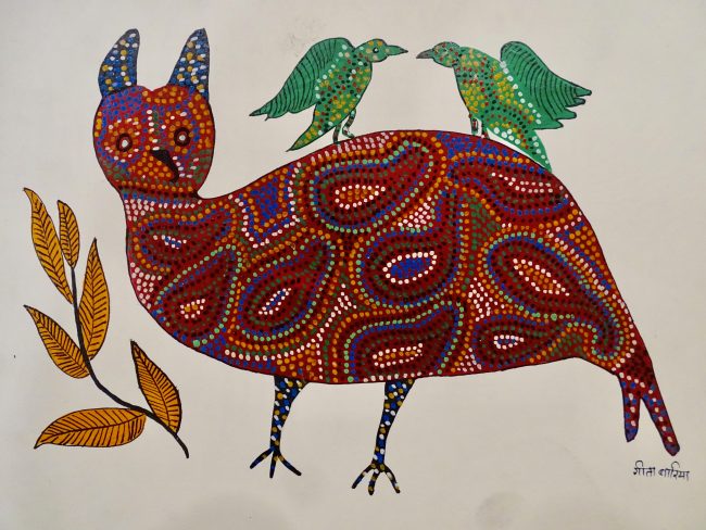 Bhil Maroon, Green & Black Paper Painting