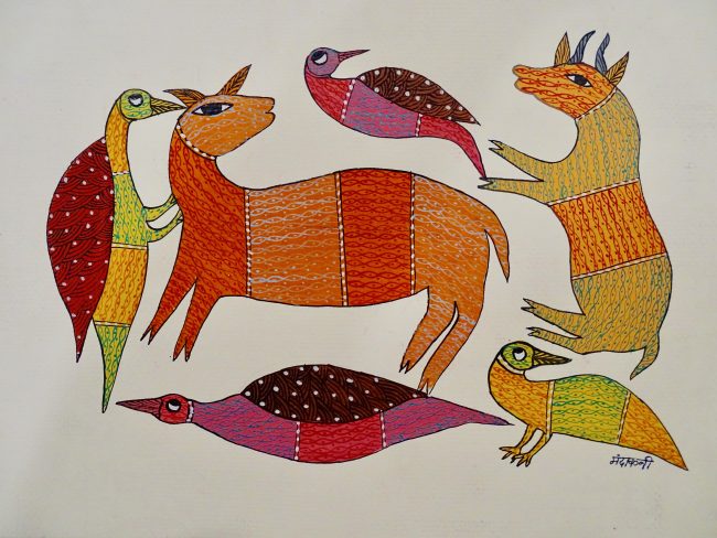 Gond Pink, Orange & Black Paper Painting
