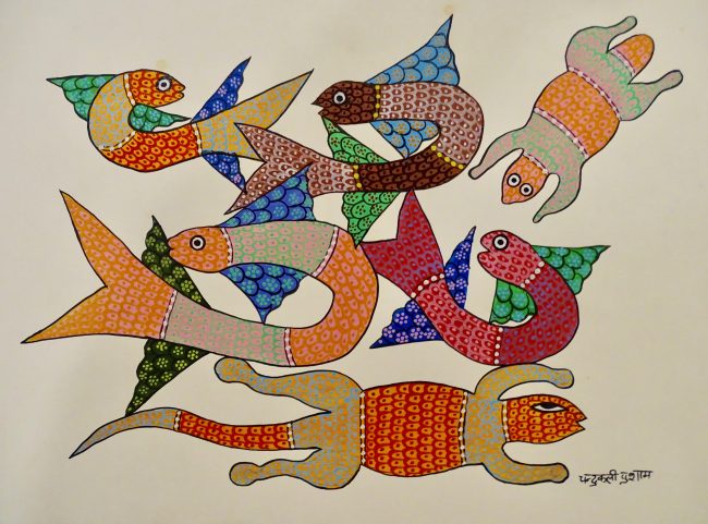 Gond Maroon, Green & Blue Paper Painting