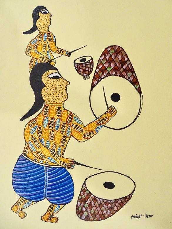 Gond Orange, Blue & Black Paper Painting