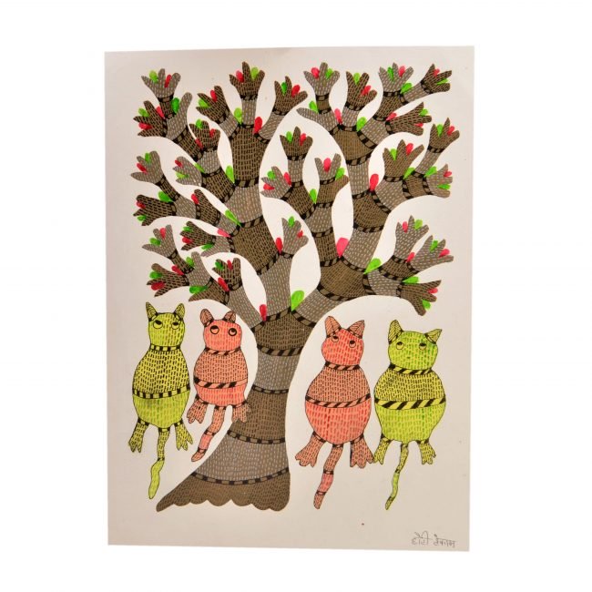 Bhil Grey & Green Paper Painting
