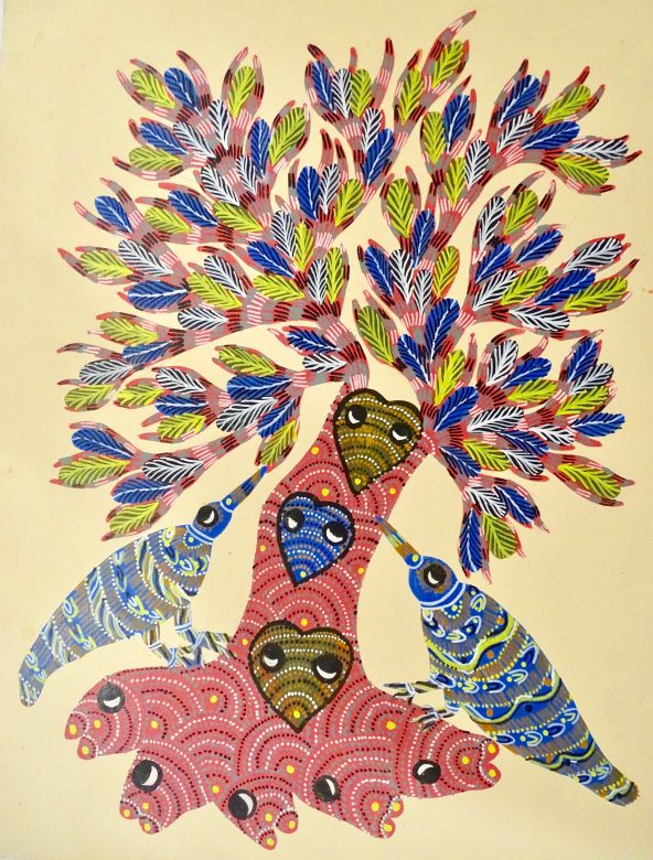 Gond Blue, Green & Dark Pink Paper Painting
