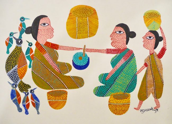 Gond Green, Maroon & Orange Paper Painting