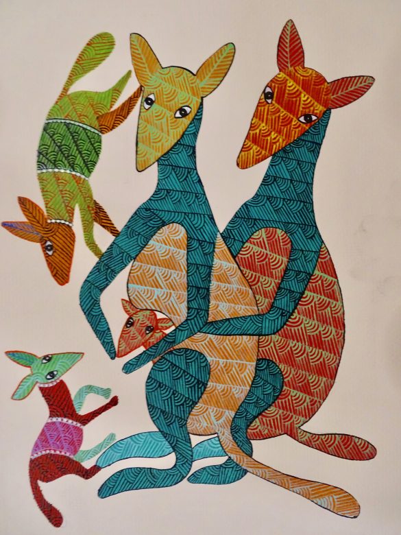 Gond Green, Black & Maroon Paper Painting