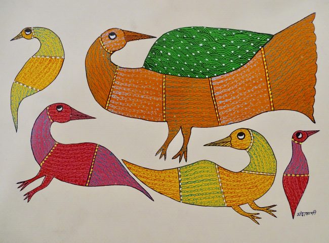 Gond Green, Orange & Pink Paper Painting