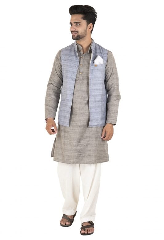 Mens Blue & Grey Aligadi Kurta Pyjama with Jacket & Pocket Hankerchief