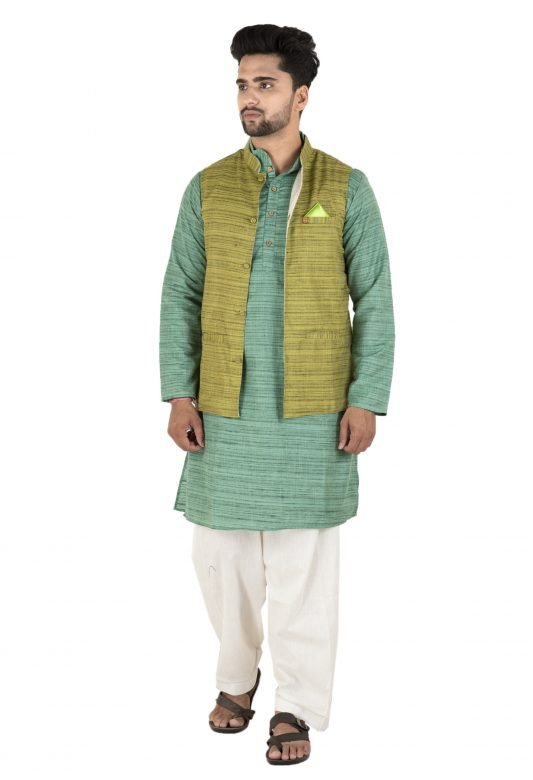 Green Kurta Pyjama with Jacket & Pocket Square-Small