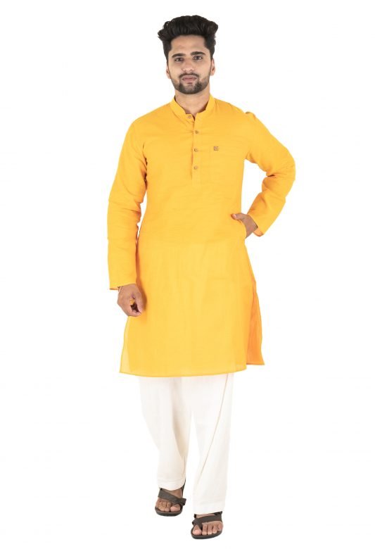 Fashion Yellow Cotton Dobby Kurta Pyjama (Small)
