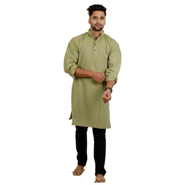 Handcrafted Cotton Green Knee Long Kurta