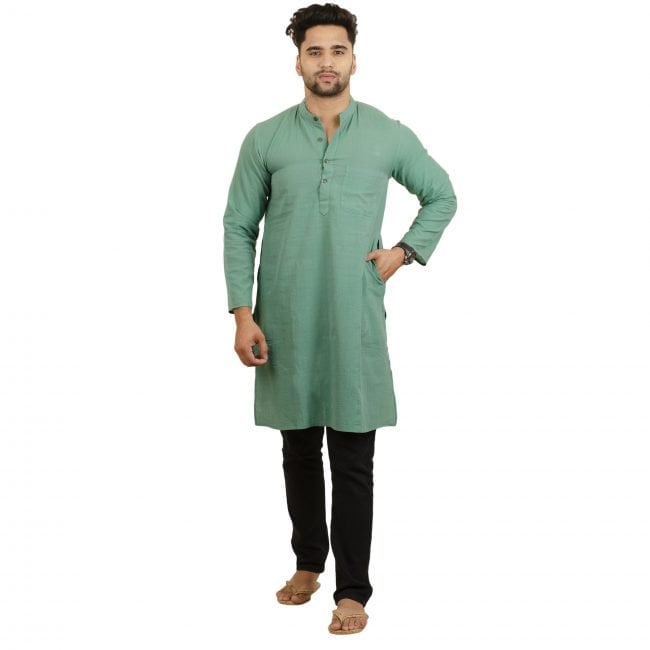 Handcrafted Cotton Knee Long Casual Green Kurta - XXL