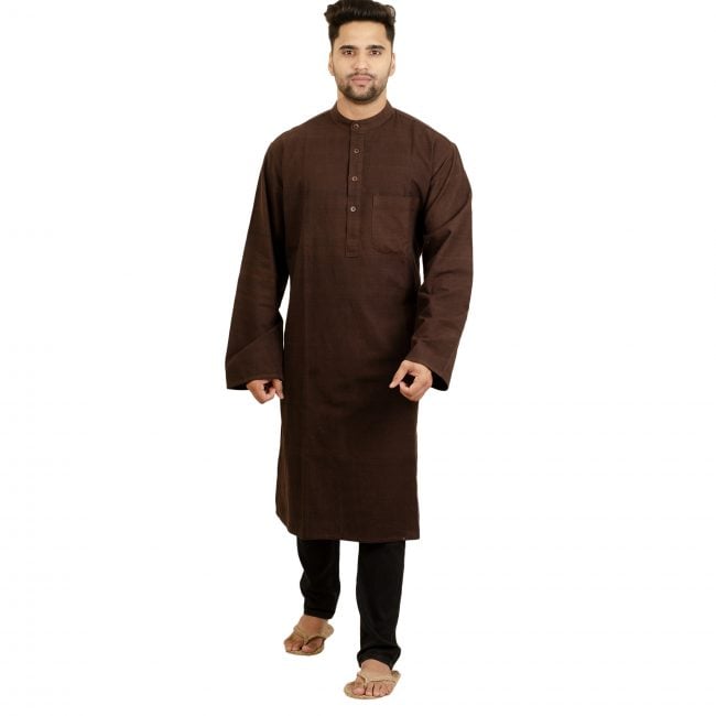 Handcrafted Cotton Knee Long Casual Brown Kurta