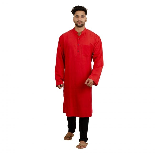Handcrafted Cotton Red Knee Long Kurta