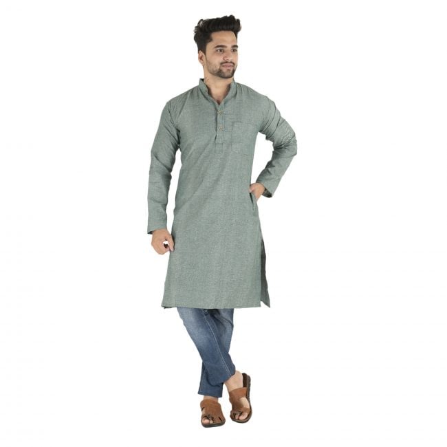 Handcrafted Cotton Knee Long Casual Grey Kurta