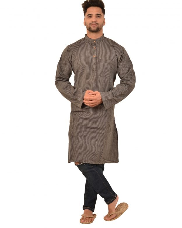 Handcrafted Cotton Knee Long Casual Black Kurta