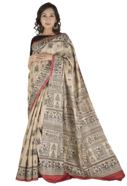Black & Khaki TG Tribal Brown Print Saree