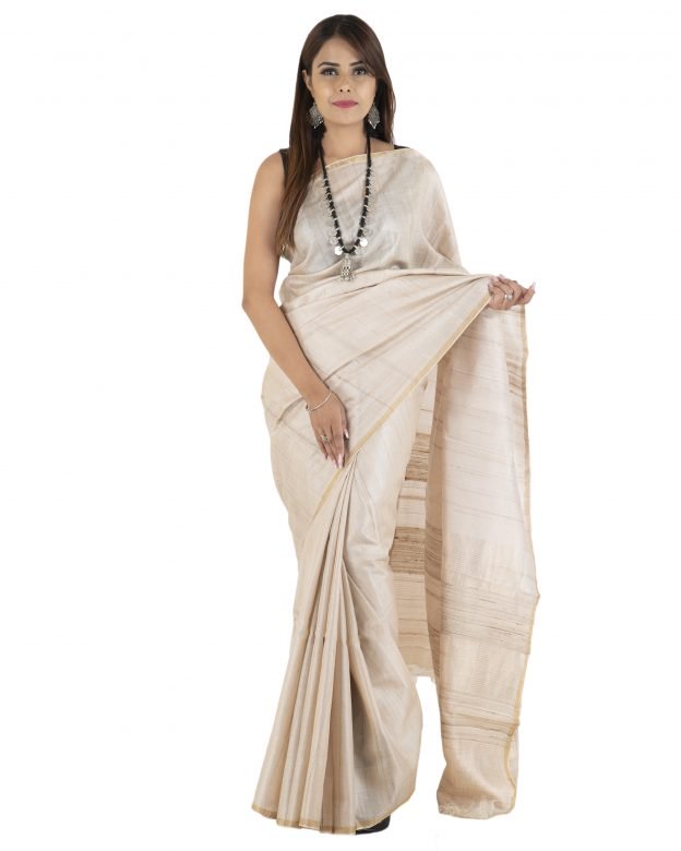 Off White Plain Tassar Silk Saree
