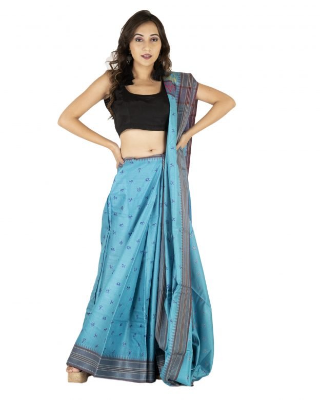 Plain Border Natural Blue & Coffee Tassar Silk Saree