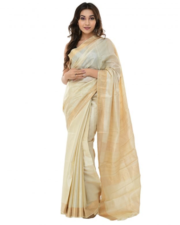 Block Print Natural Light Brown & Beige Tassar Silk Saree