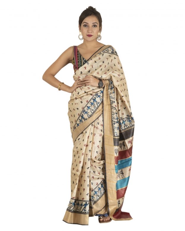 Handcrafted Multicolor Block Print Natural Tussar Silk Saree