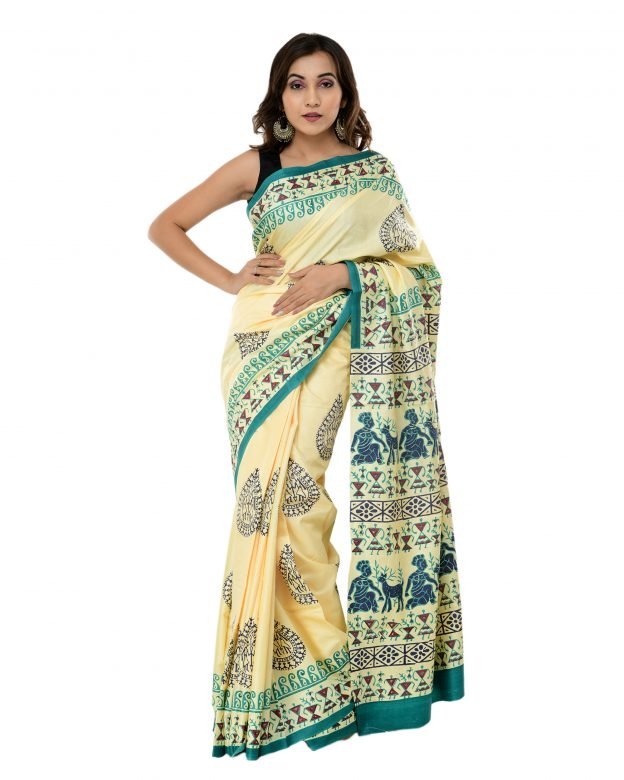 Yellow & Green Silk Printed Saree with Blouse