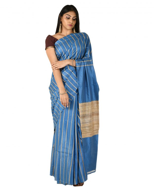 Pure Cotton Zari Blue Tribal Traditional Party Wear Saree
