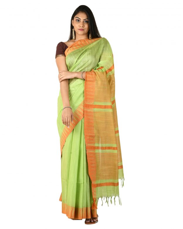 Tribes India Raw Silk Zari Green Tribal Traditional Party Wear Saree