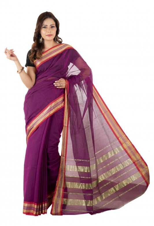 Plain Check Grey & Light Brown Cotton Saree