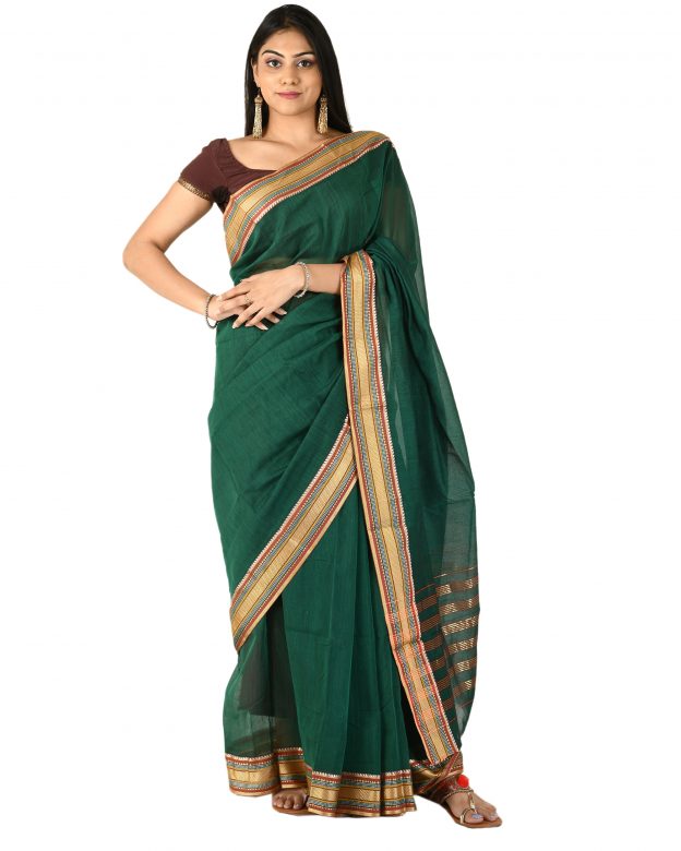 Pure Cotton Zari Green Tribal Traditional Party Wear Saree