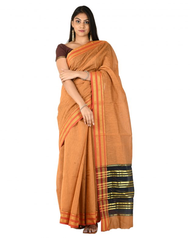 Pure Cotton Zari Orange Tribal Traditional Party Wear Saree