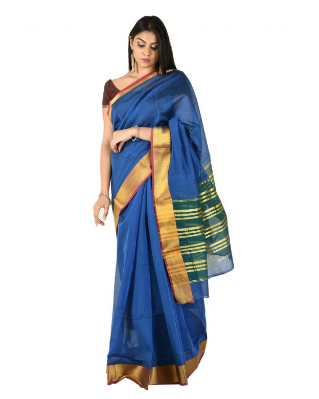 Pure Cotton Zari Blue Tribal Traditional Party Wear Saree