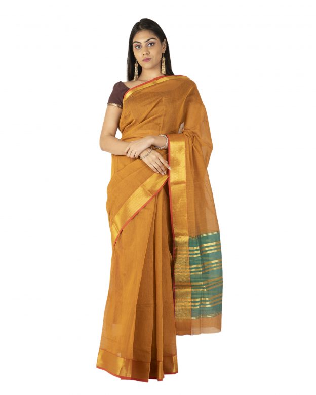 Pure Cotton Zari Orange Tribal Traditional Party Wear Saree