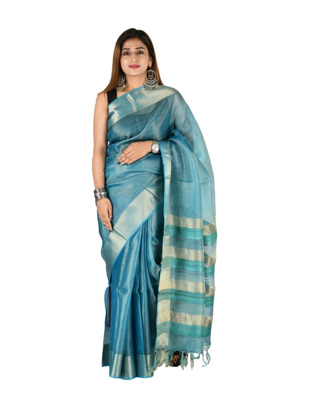 Tussar Silk Zari Blue Tribal Traditional Party Wear Saree