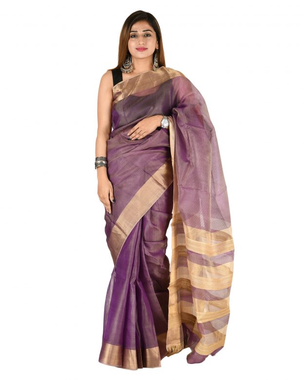 Tussar Silk Zari Purple Tribal Traditional Party Wear Saree